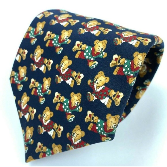 Como Seda Necktie Christmas Bear in Polka Dot Pj's Navy Blue Green Red White Tie - Picture 7 of 9